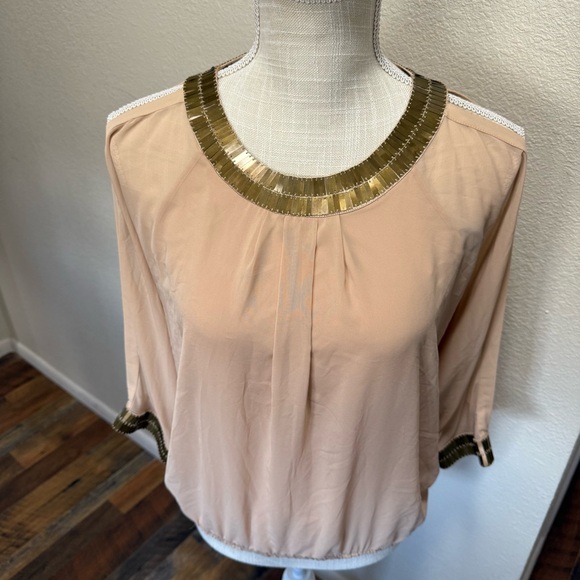 bebe Beige Blouse with Gold Metal Trim & Open Back - Size XS - Picture 2 of 16